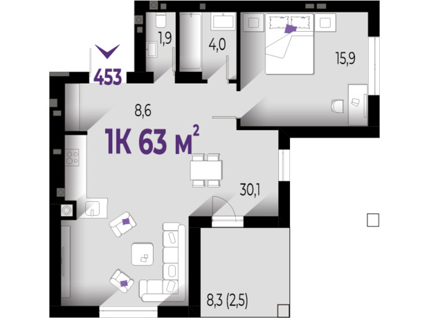 ЖК Wawel: планировка 1-комнатной квартиры 63 м²