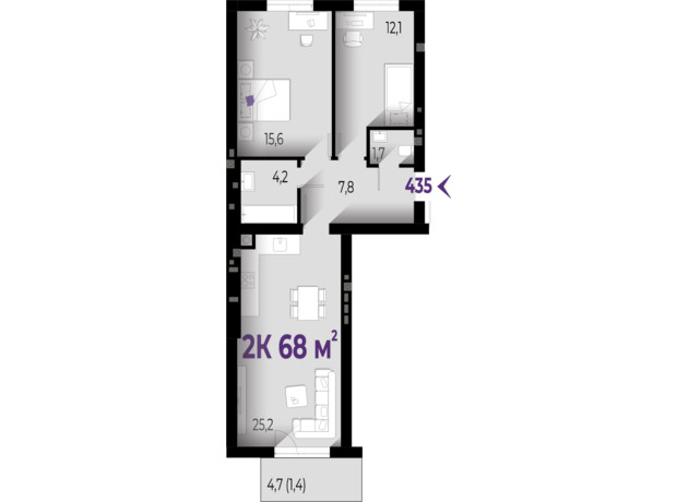 ЖК Wawel: планування 2-кімнатної квартири 68 м²