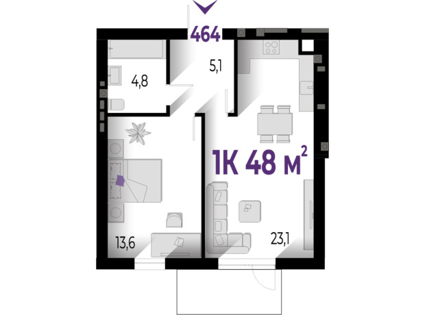 ЖК Wawel: планировка 1-комнатной квартиры 48 м²