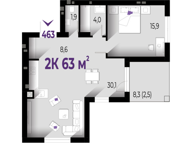 ЖК Wawel: планировка 2-комнатной квартиры 63 м²