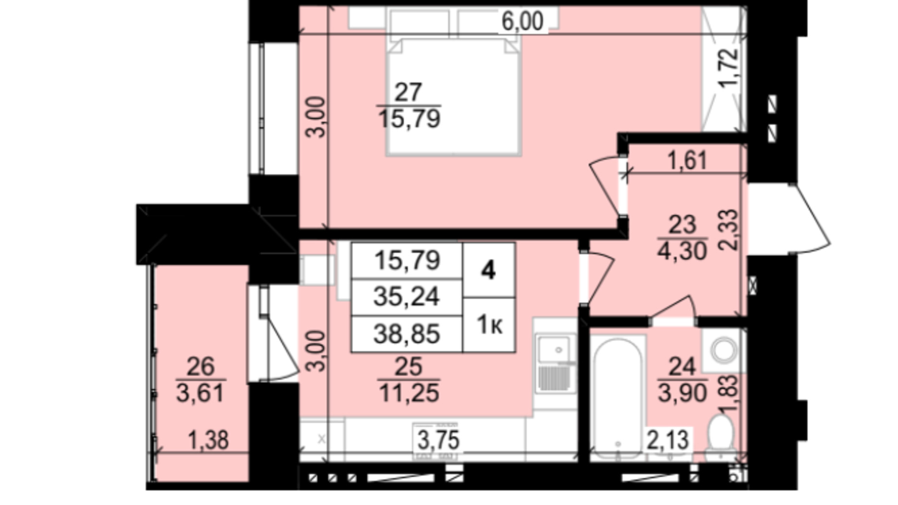 Планировка 1-комнатной квартиры в ЖК Затишний двір 38.85 м², фото 567329