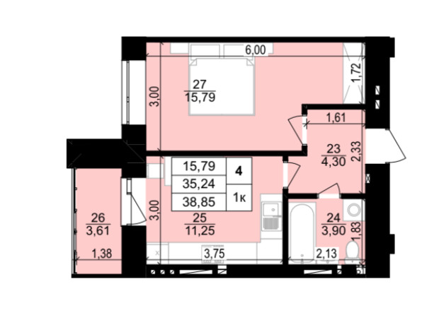 ЖК Затишний двір: планировка 1-комнатной квартиры 38.85 м²