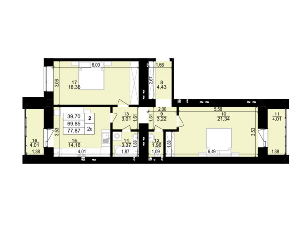 ЖК Затишний двір: планировка 2-комнатной квартиры 77.87 м²