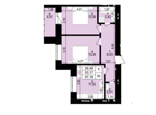 ЖК Затишний двір: планування 2-кімнатної квартири 57.18 м²