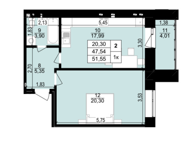 ЖК Затишний двір: планировка 1-комнатной квартиры 51.55 м²