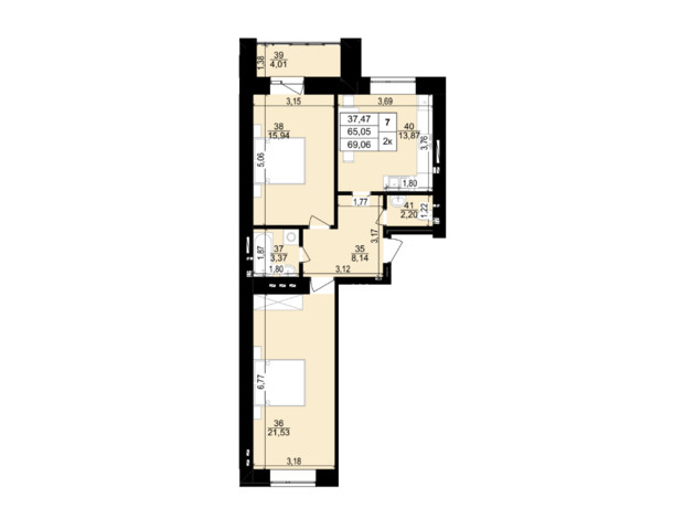 ЖК Затишний двір: планування 2-кімнатної квартири 69.06 м²