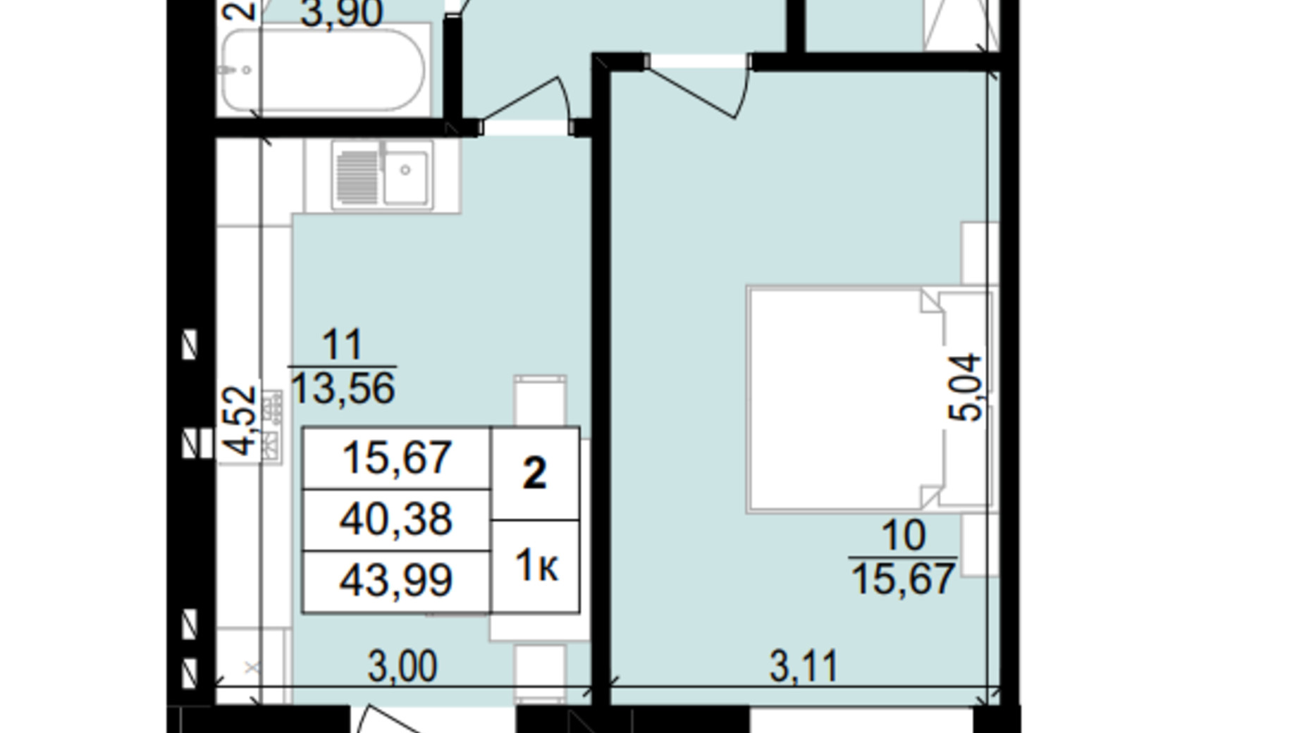 Планировка 1-комнатной квартиры в ЖК Затишний двір 43.99 м², фото 567334