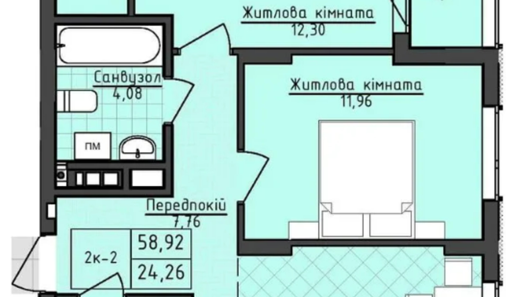 Планування 2-кімнатної квартири в ЖК Deluxe 2 58.92 м², фото 567470