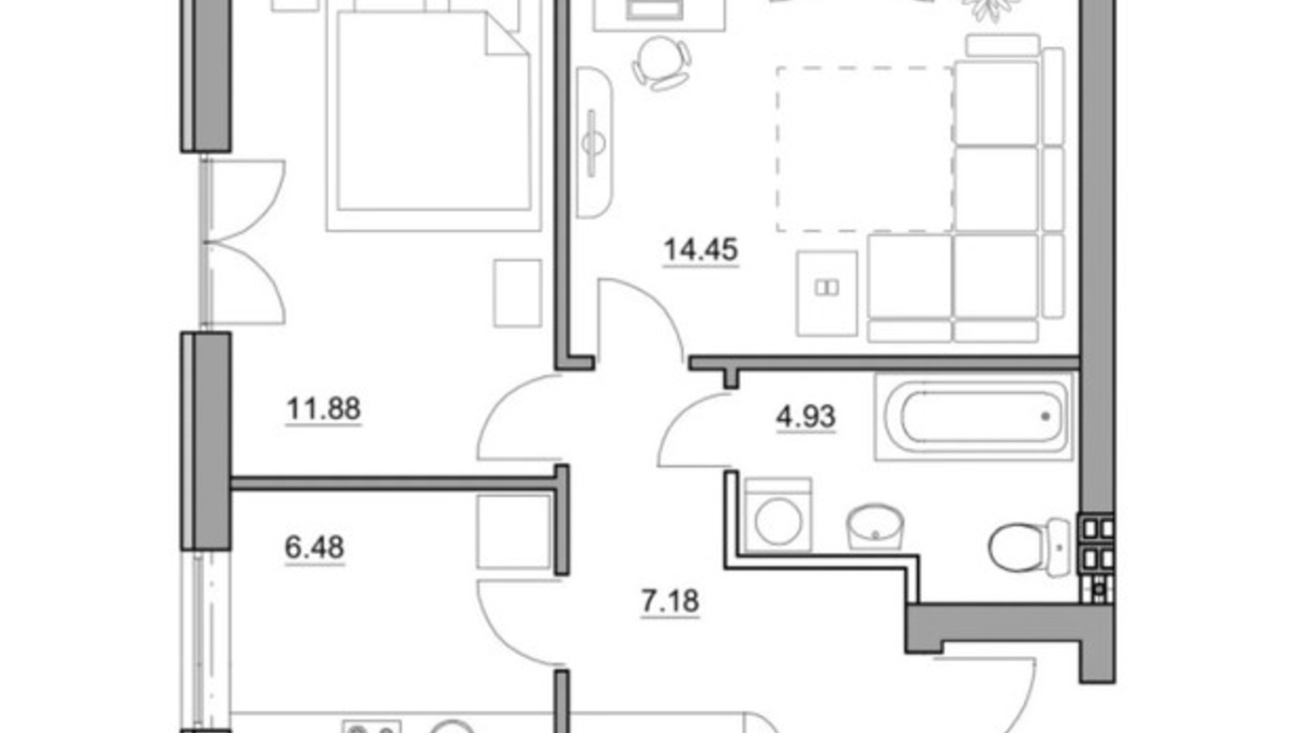 Планування 2-кімнатної квартири в ЖК Комфортне Містечко 45 м², фото 567473