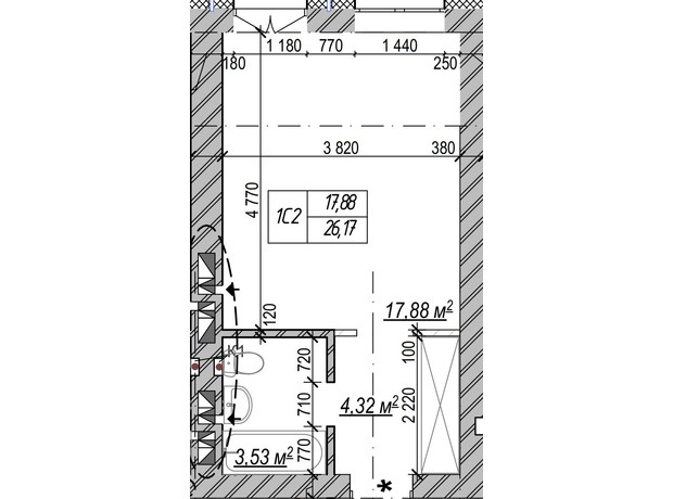 ЖК Молодість: планування 1-кімнатної квартири 26.1 м²