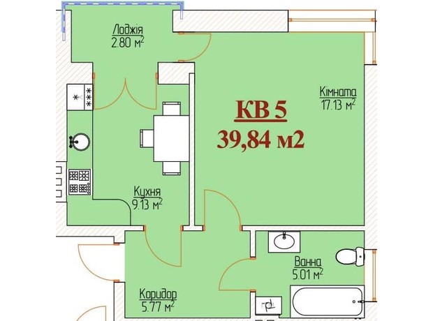 ЖК Відродження: планування 1-кімнатної квартири 39.84 м²