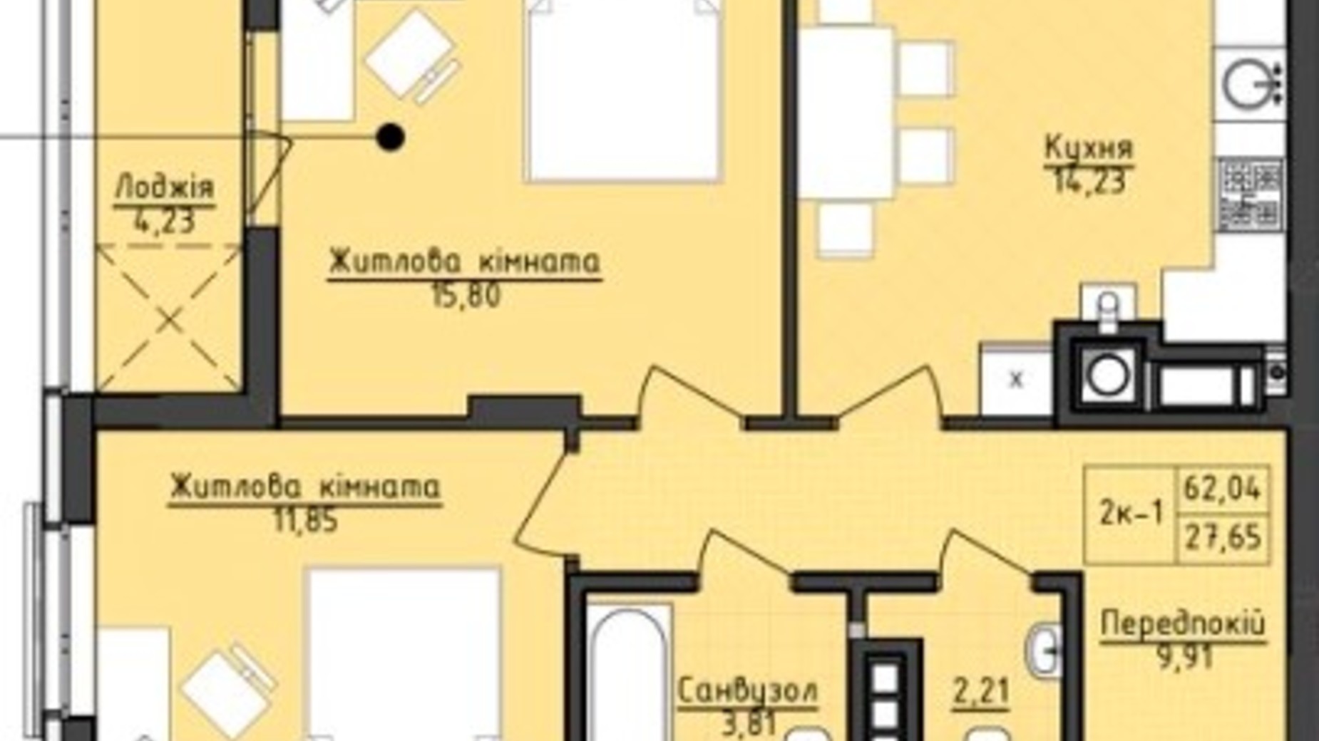 Планування 2-кімнатної квартири в ЖК Deluxe 2 62.04 м², фото 567612