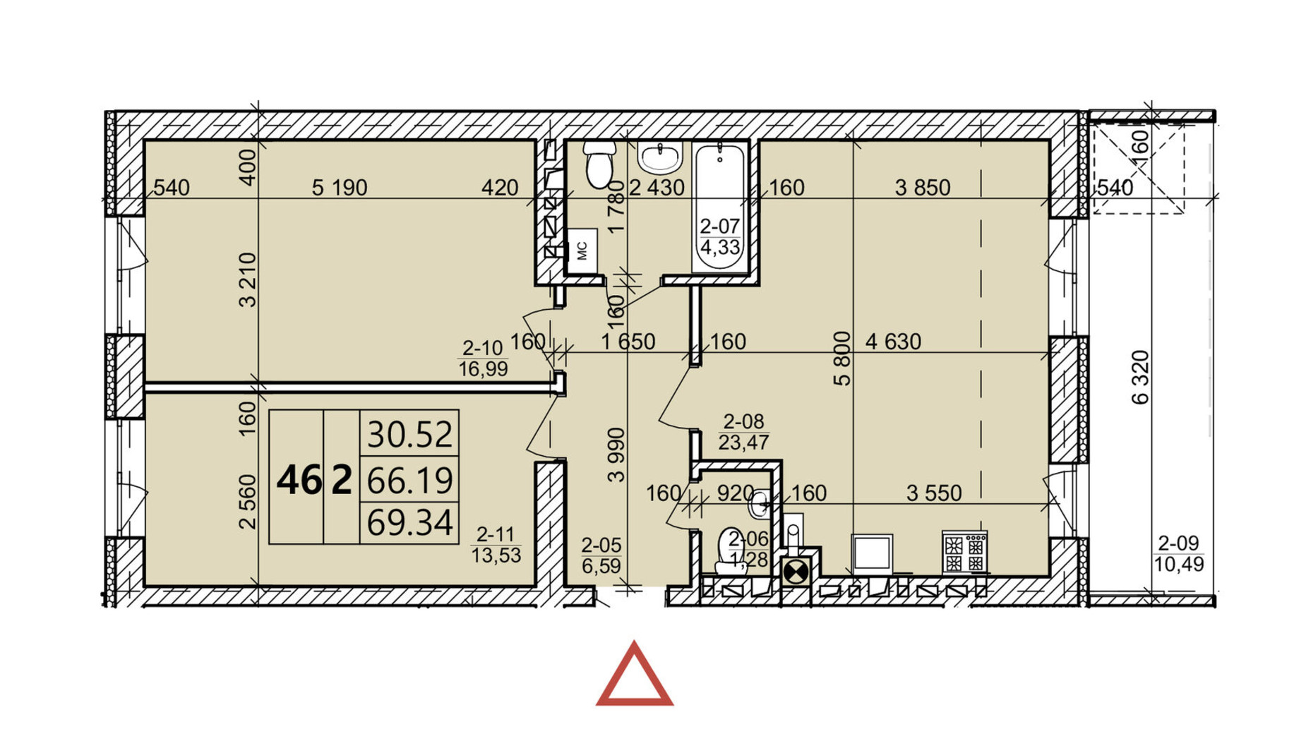 Планировка 2-комнатной квартиры в ЖК Святых Ольги и Елизаветы 69.34 м², фото 567731
