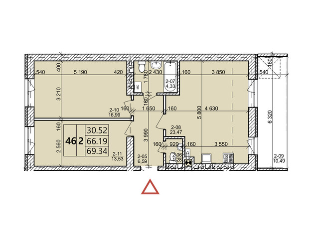 ЖК Святых Ольги и Елизаветы: планировка 2-комнатной квартиры 69.34 м²