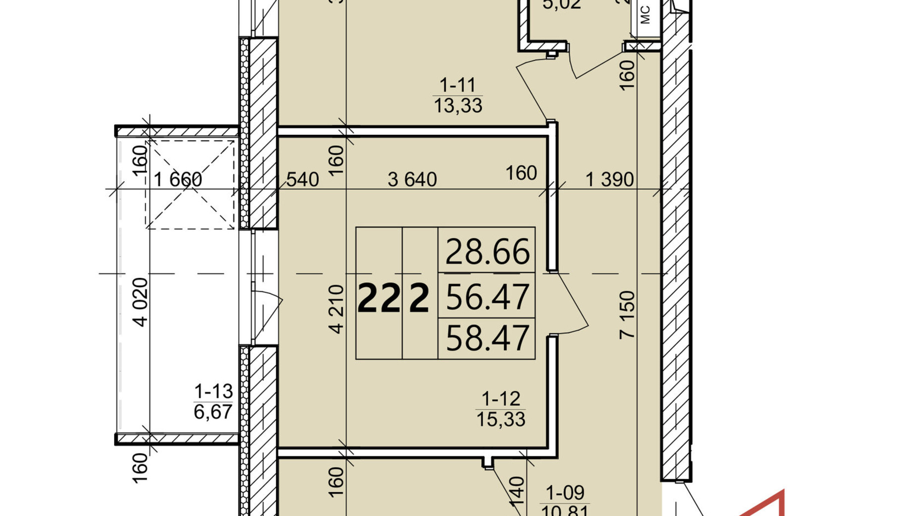 Планировка 2-комнатной квартиры в ЖК Святых Ольги и Елизаветы 58.47 м², фото 567732