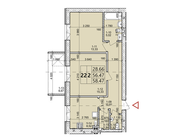 ЖК Святых Ольги и Елизаветы: планировка 2-комнатной квартиры 58.47 м²