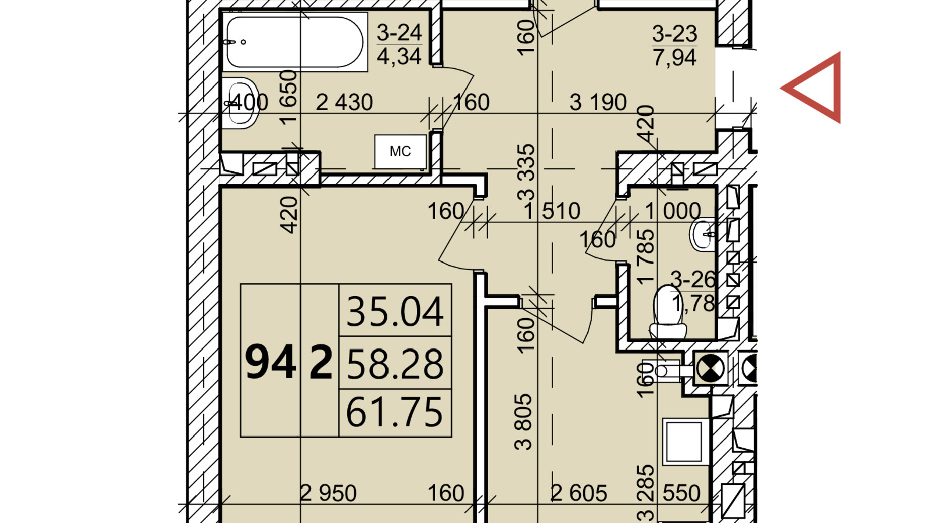 Планировка 2-комнатной квартиры в ЖК Святых Ольги и Елизаветы 61.75 м², фото 567733