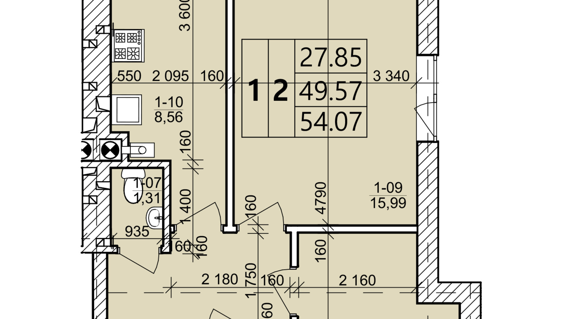 Планировка 2-комнатной квартиры в ЖК Святых Ольги и Елизаветы 54.07 м², фото 567734