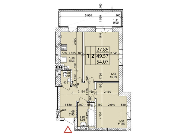 ЖК Святих Ольги та Єлизавети: планування 2-кімнатної квартири 54.07 м²