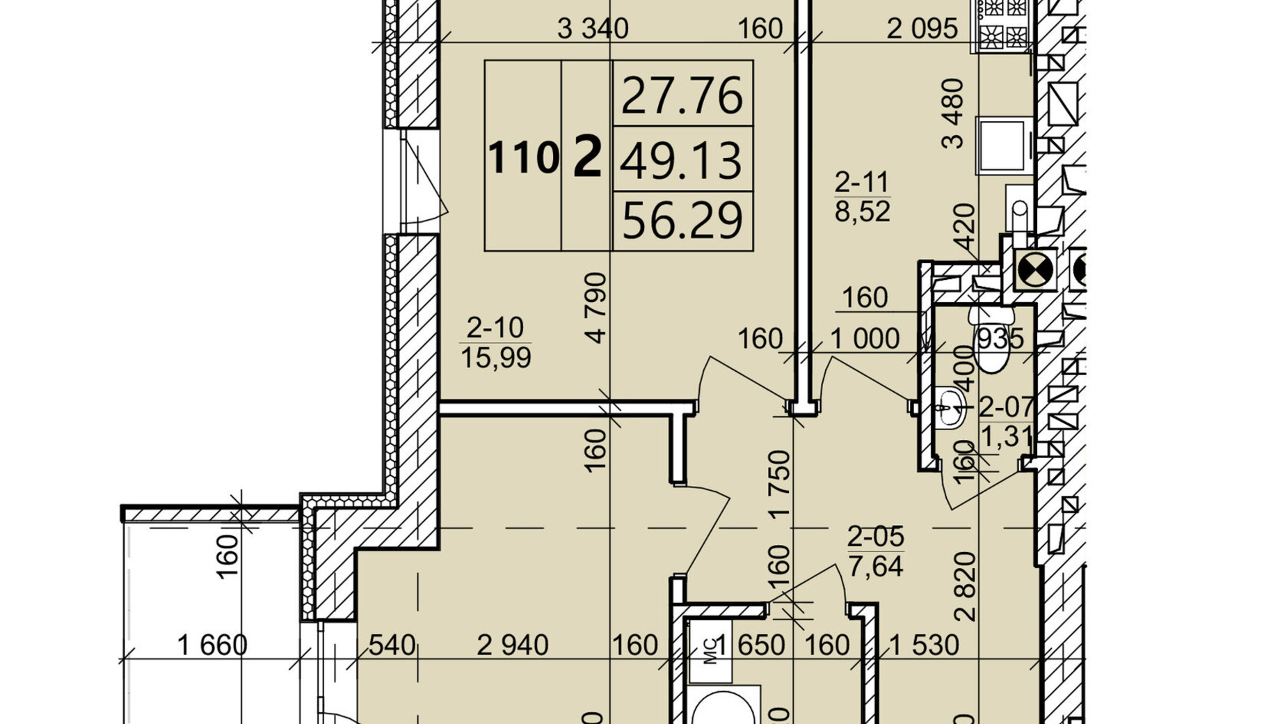 Планировка 2-комнатной квартиры в ЖК Святых Ольги и Елизаветы 56.29 м², фото 567736