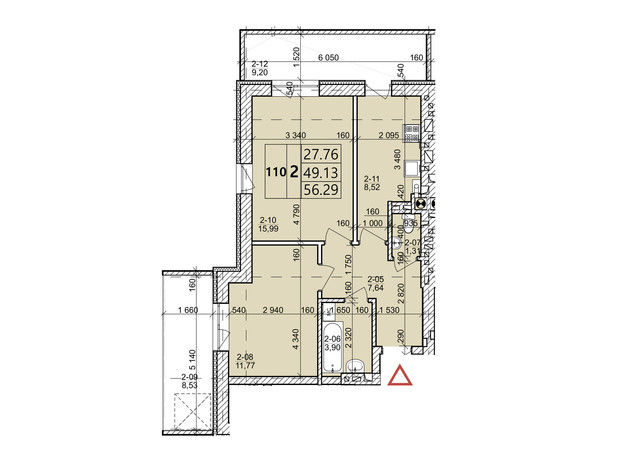 ЖК Святых Ольги и Елизаветы: планировка 2-комнатной квартиры 56.29 м²