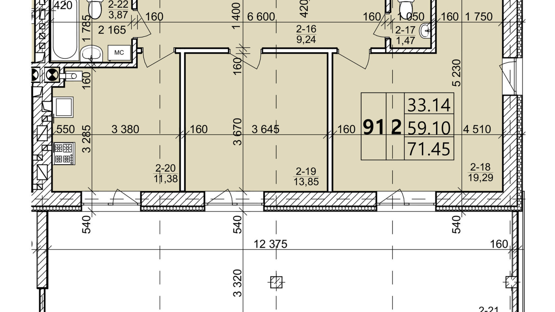 Планировка 2-комнатной квартиры в ЖК Святых Ольги и Елизаветы 71.45 м², фото 567737