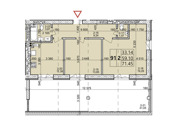 ЖК Святых Ольги и Елизаветы: планировка 2-комнатной квартиры 71.45 м²