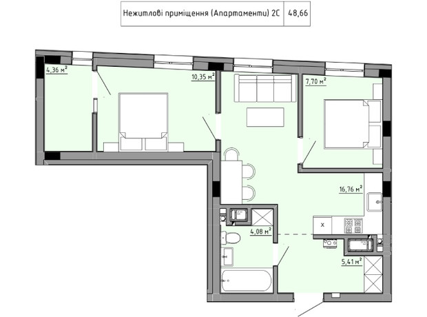 ЖК Family House : планування 1-кімнатної квартири 48.66 м²