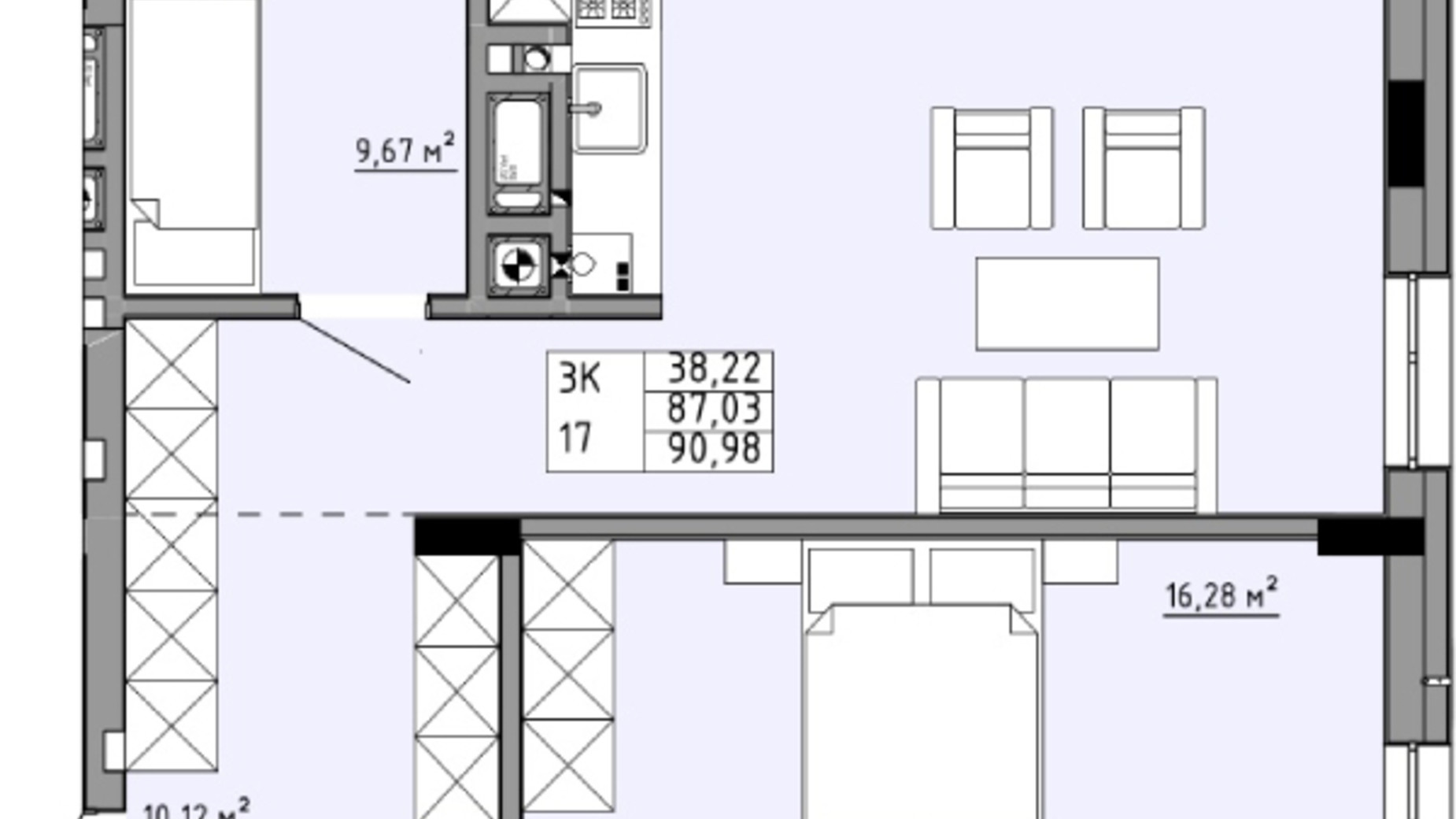 Планировка 3-комнатной квартиры в ЖК Family House  90.98 м², фото 567884