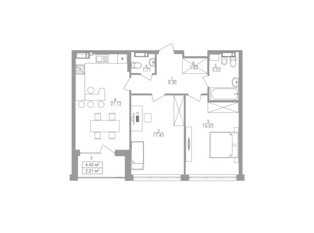 ЖК Greenville на Печерске: планировка 2-комнатной квартиры 74.5 м²