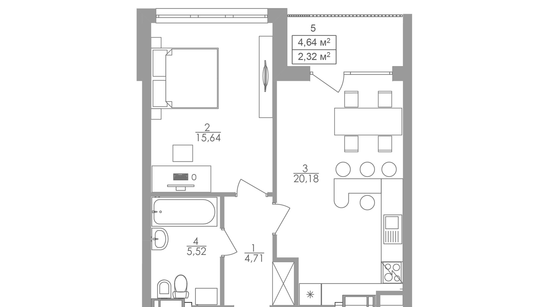 Планування 1-кімнатної квартири в ЖК Greenville на Печерську 48.4 м², фото 567936