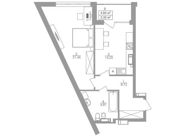 ЖК Greenville на Печерске: планировка 1-комнатной квартиры 53.6 м²