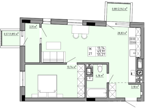 ЖК Family House : планування 1-кімнатної квартири 55.27 м²