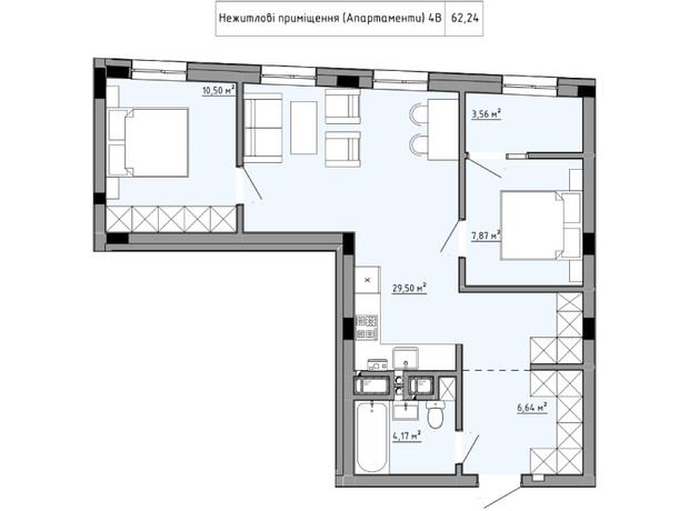 ЖК Family House : планування 1-кімнатної квартири 52.24 м²