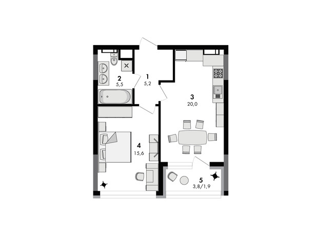 ЖК Greenville на Печерську: планування 1-кімнатної квартири 48.2 м²