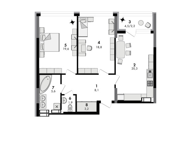 ЖК Greenville на Печерську: планування 2-кімнатної квартири 80.1 м²