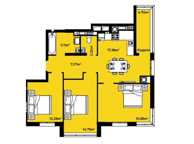 ЖК Continent Green: планування 3-кімнатної квартири 79.69 м²