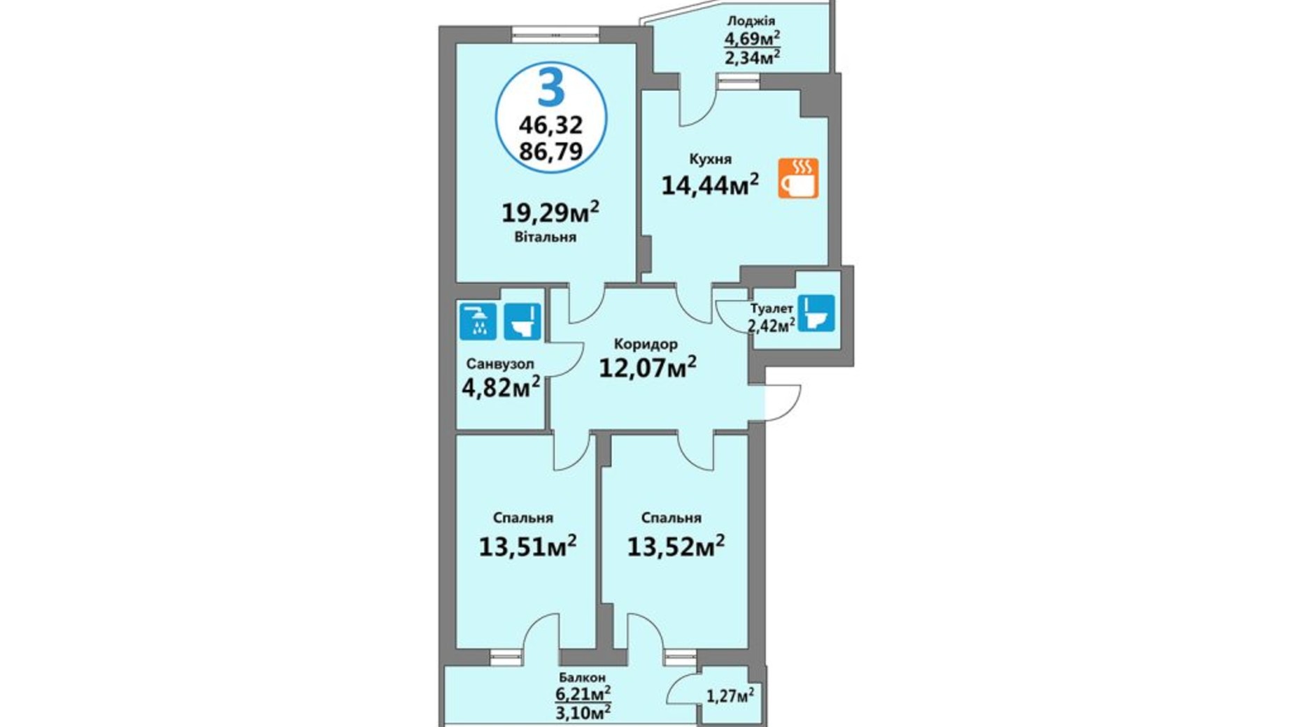Планування 3-кімнатної квартири в ЖК Еко-Дім на Тракті 86.79 м², фото 568032