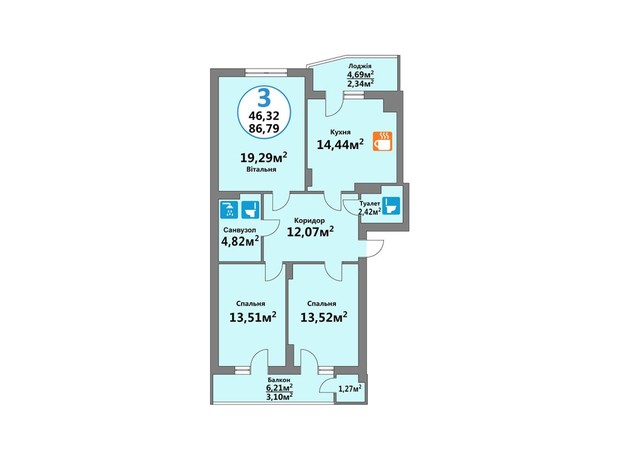 ЖК Эко-Дом на Тракте: планировка 3-комнатной квартиры 86.79 м²