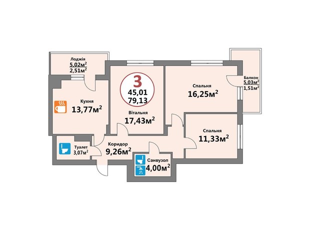 ЖК Еко-Дім на Тракті: планування 3-кімнатної квартири 79.13 м²