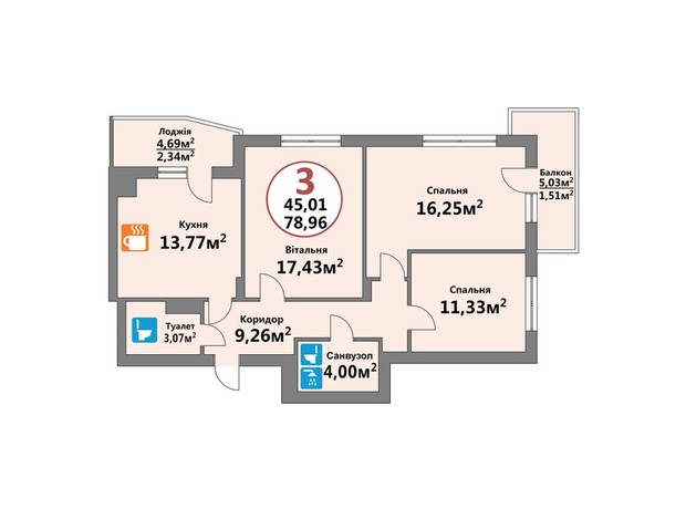 ЖК Эко-Дом на Тракте: планировка 3-комнатной квартиры 78.96 м²