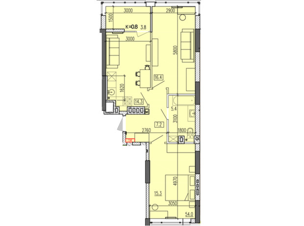 ЖК Затишний-2: планування 2-кімнатної квартири 63.2 м²