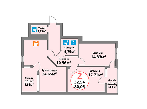 ЖК Эко-Дом на Тракте 4: планировка 2-комнатной квартиры 80.05 м²