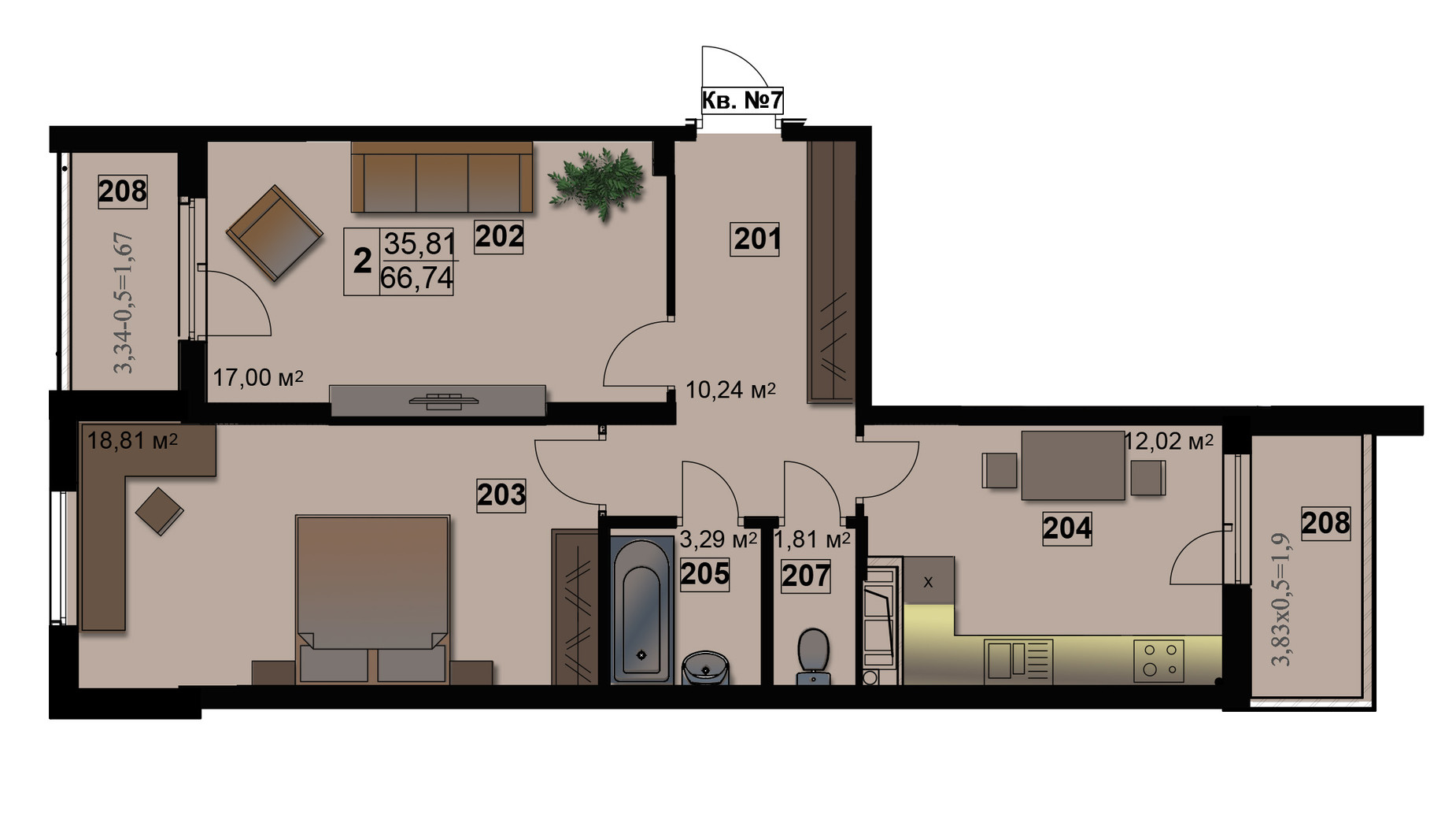 Планировка 2-комнатной квартиры в ЖК Абрикос 66.74 м², фото 56825