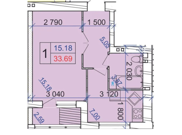 ЖК Grand Royal: планировка 1-комнатной квартиры 33.69 м²