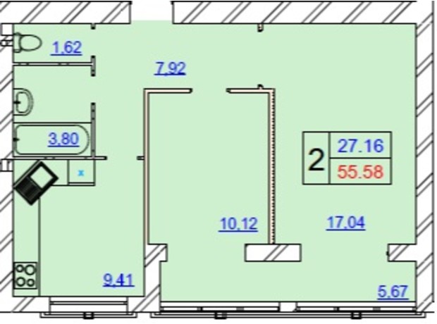 ЖК Grand Royal: планировка 2-комнатной квартиры 55.62 м²