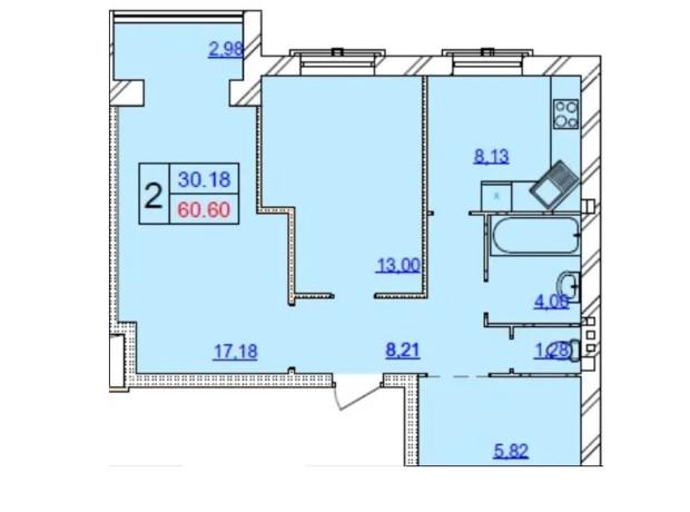 ЖК Grand Royal: планировка 2-комнатной квартиры 60.84 м²