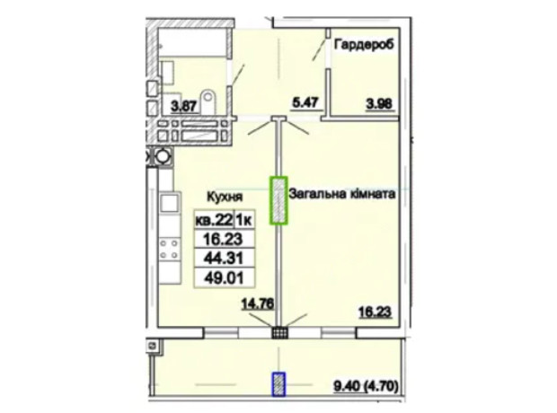 ЖК Парк Авеню: планировка 1-комнатной квартиры 49.01 м²