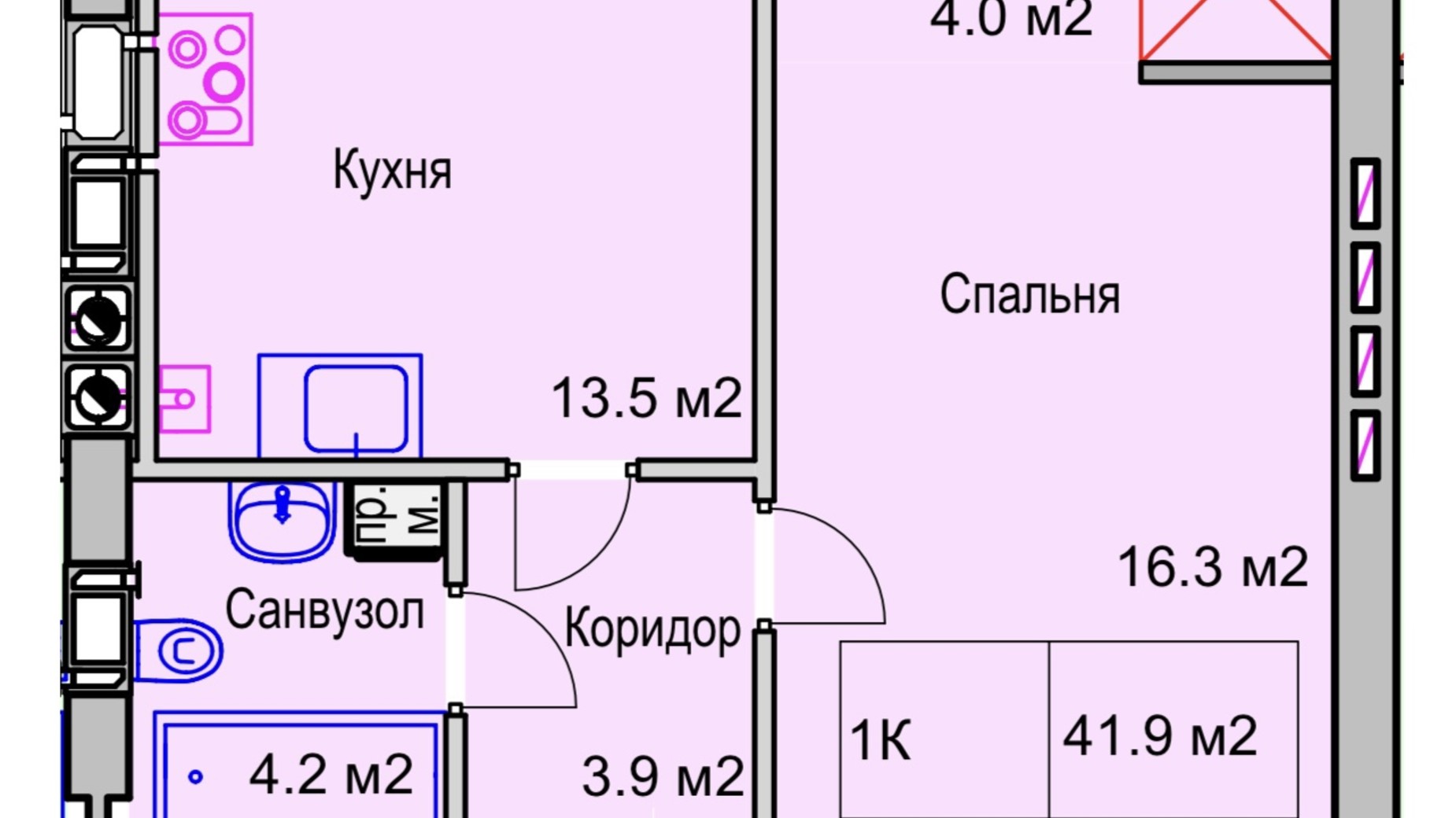 Планування 1-кімнатної квартири в ЖК Panorama de Luxe 41.9 м², фото 568650