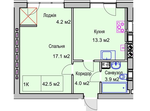 ЖК Panorama de Luxe: планировка 1-комнатной квартиры 42.5 м²